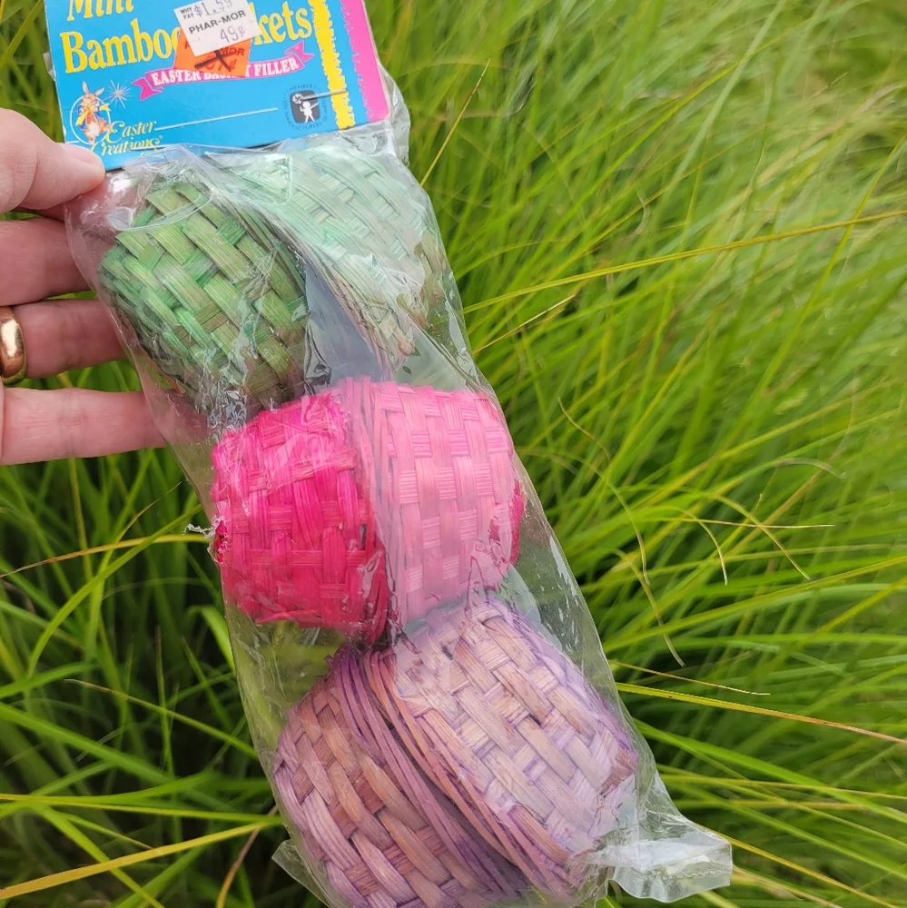Dyed 2-Handled Basket & 6 NWT Mini Bamboo Baskets ~ Cute & Colorful!
